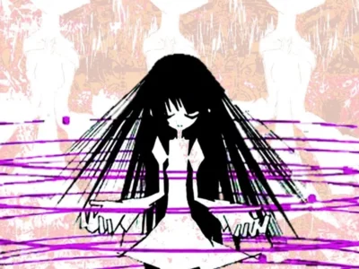 Stylized black-and-white figure with long black hair and a white dress, standing before repeated pastel figures and purple