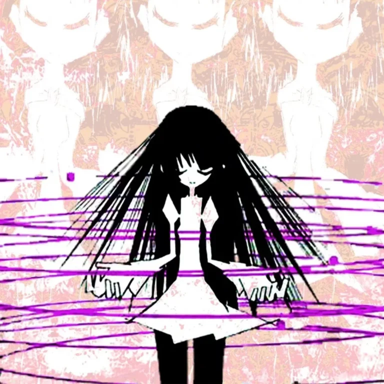Stylized black-and-white figure with long black hair and a white dress, standing before repeated pastel figures and purple