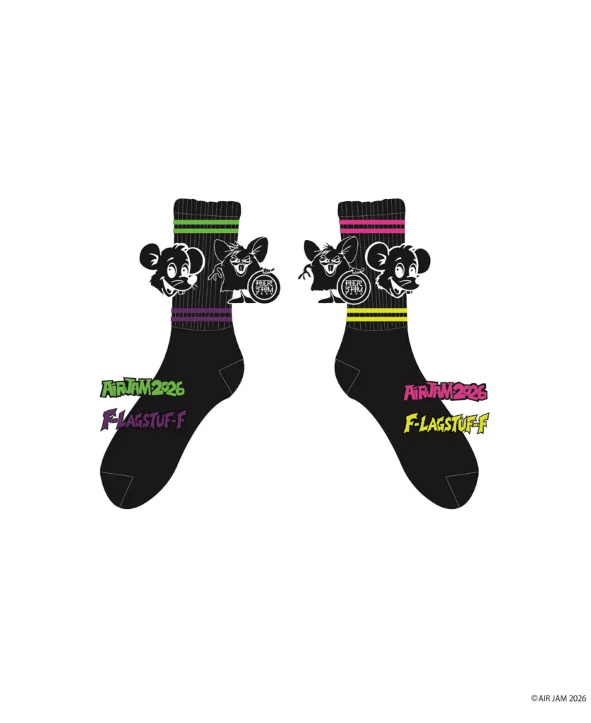 Pair of black socks featuring cartoon mice and bats, with green, purple, pink and yellow stripes and Air Jam 2026 text on