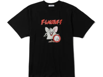 Black FLAGSTUFF T-shirt featuring a red-and-white cartoon mouse graphic, centered against a white background