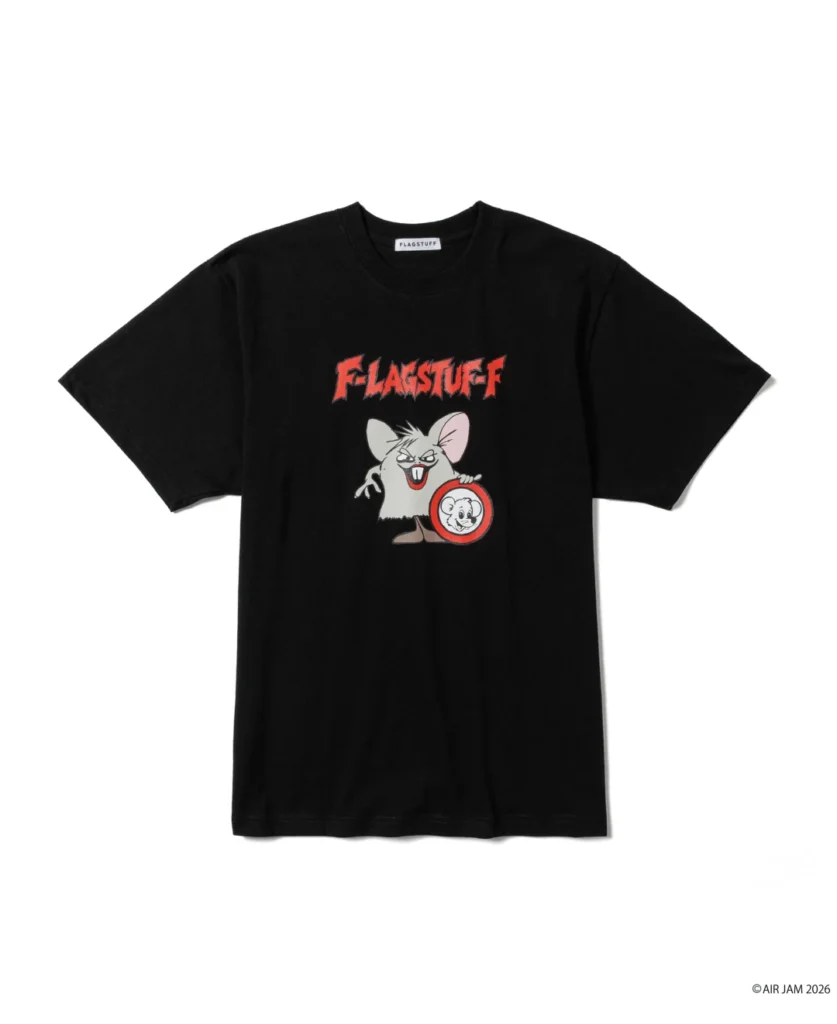 Black FLAGSTUFF T-shirt featuring a red-and-white cartoon mouse graphic, centered against a white background