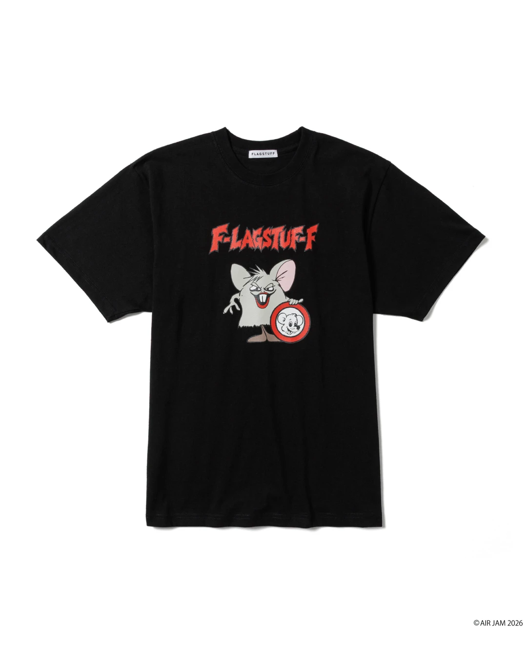 Black FLAGSTUFF T-shirt featuring a red-and-white cartoon mouse graphic, centered against a white background