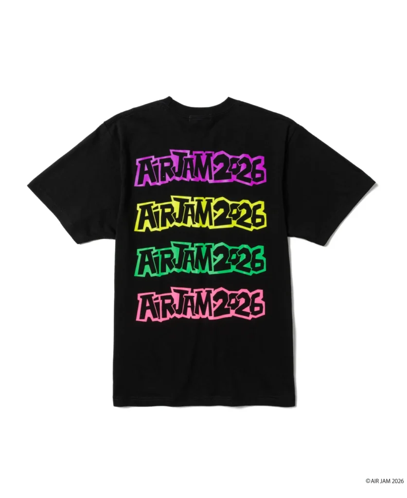 Black T-shirt with four colorful “AIR JAM 2026” graphics, laid flat against a white background