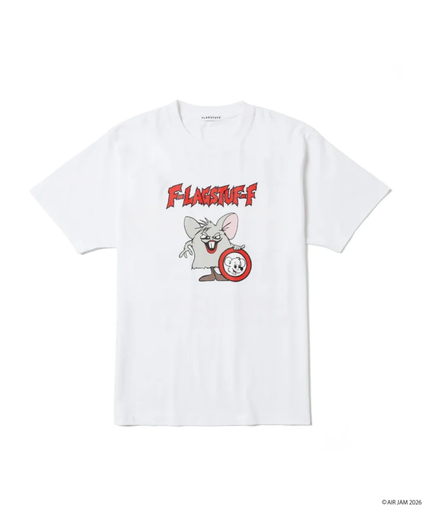 White FLAGSTUFF T-shirt with red logo and cartoon mouse graphic, laid flat against a white background
