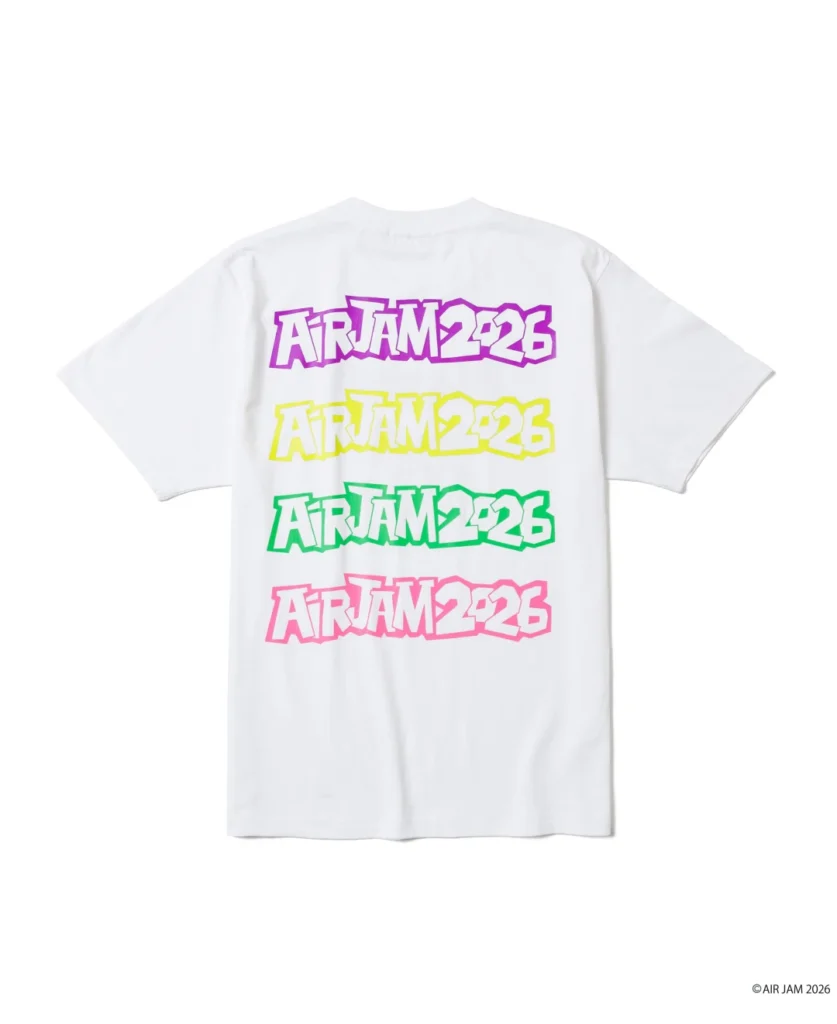 White T-shirt with four colorful AIR JAM 2026 logos in purple, yellow, green, and pink on a white background