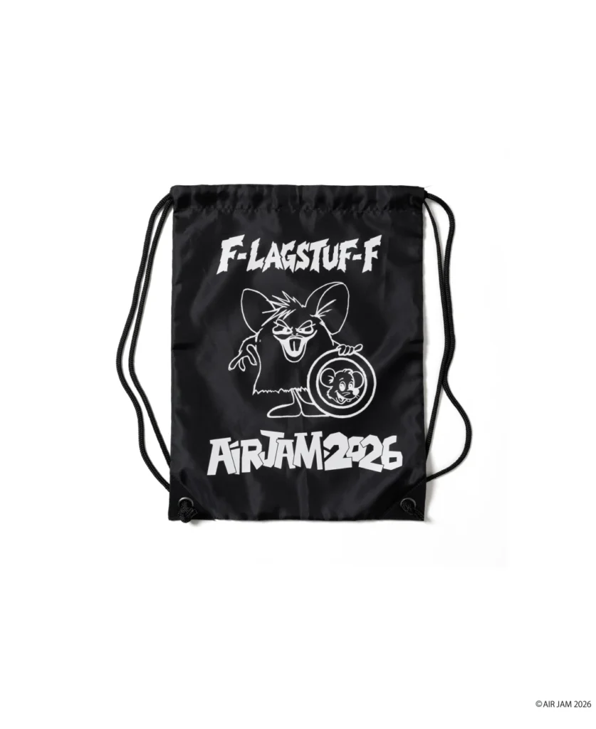 Black drawstring backpack with white Flagtuff text, cartoon rat holding a circular emblem, and Air Jam 2026 text on white