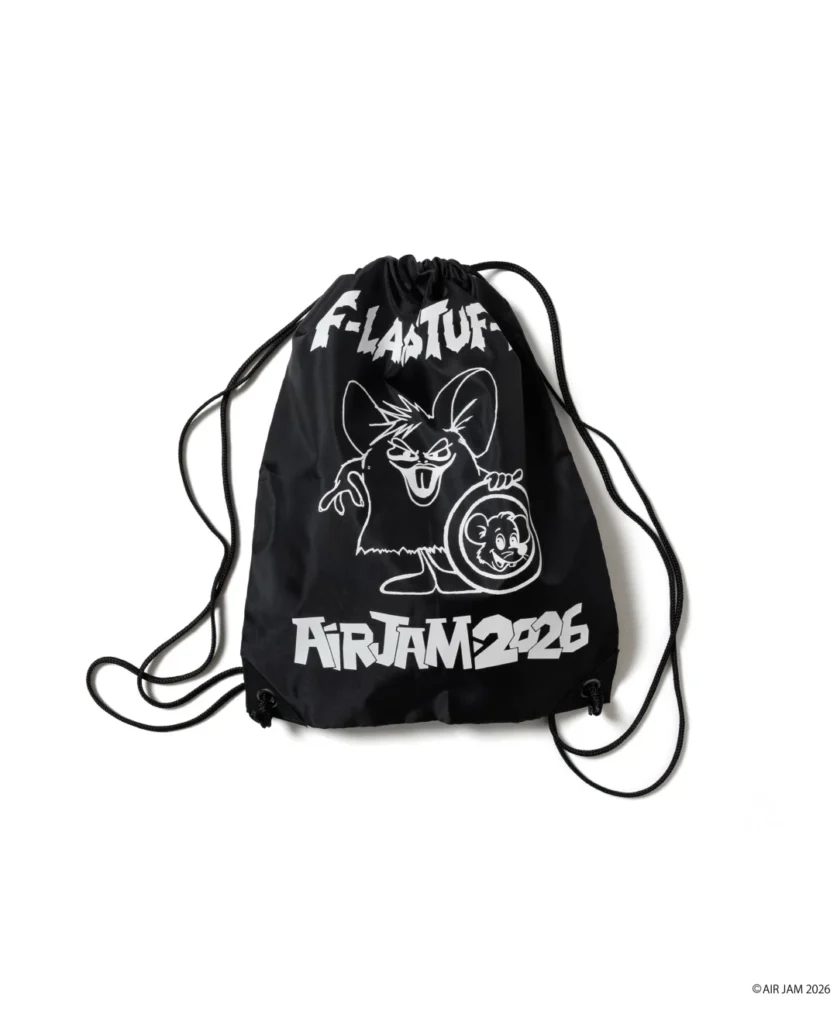 Black drawstring bag with white cartoon character graphic and Air Jam 2026 lettering, isolated on white background
