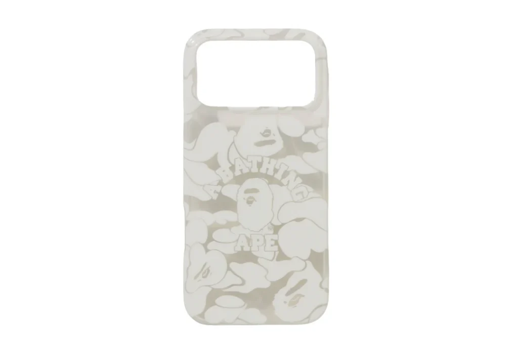 White BAPE phone case with pale gray camouflage, ape-head graphics and a large rectangular camera cutout on white background