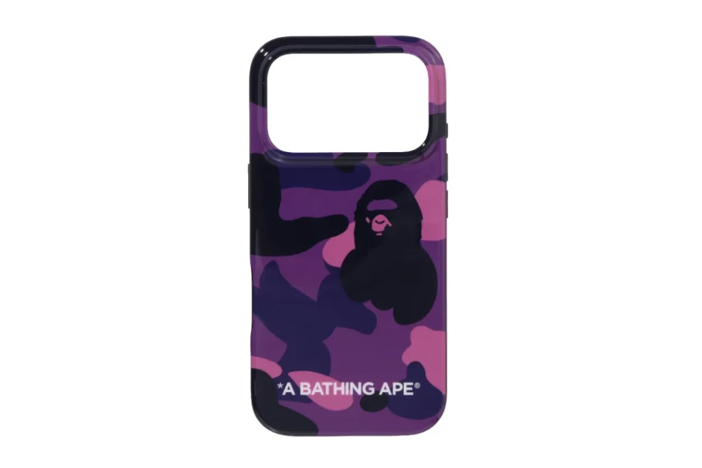 Purple and black camouflage phone case with a BAPE ape graphic and “A BATHING APE” text, centered on white background