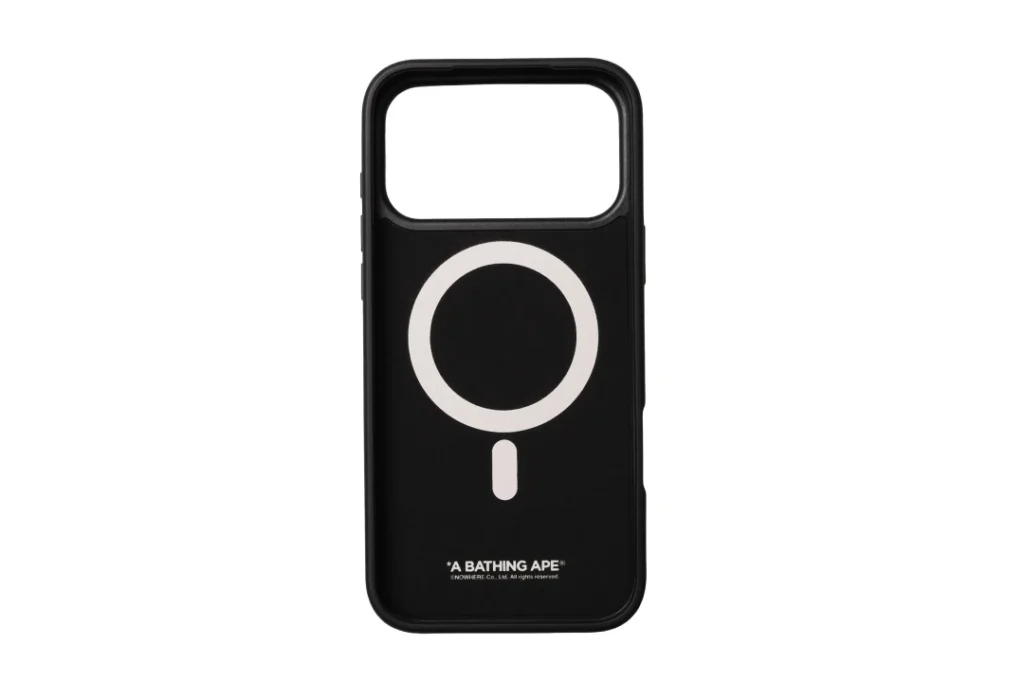 Black BAPE phone case with a large white MagSafe ring and logo, centered against a white background