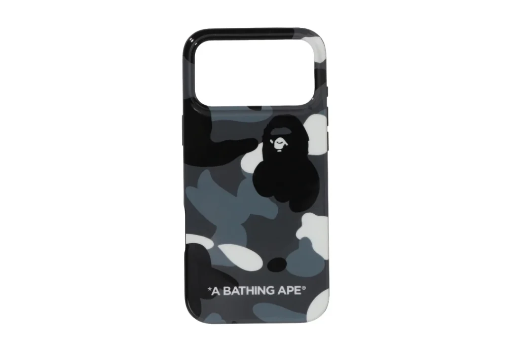 Black, gray, blue, and white camouflage BAPE iPhone case with ape logo and “A Bathing Ape” text on white background