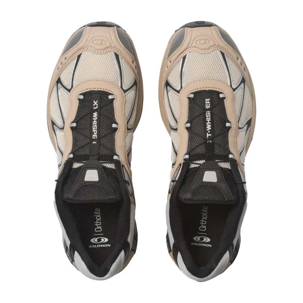 Top view of beige and black Salomon XT-Whisper trail shoes positioned side by side