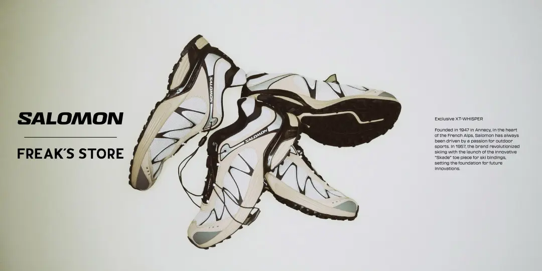 Three Salomon XT-Whisper sneakers overlap on a pale background, featuring white and almond uppers with black accents and