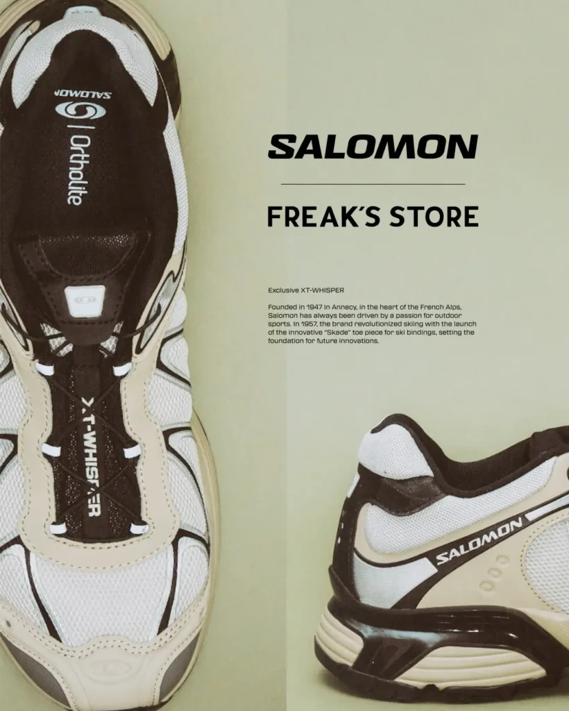 White, cream and black Salomon XT-Whisper sneakers shown from top and side views on a pale green background