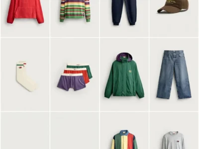 Grid of tincture casual clothing and accessories, including jackets, striped sweater, joggers, cap, socks, underwear, jeans