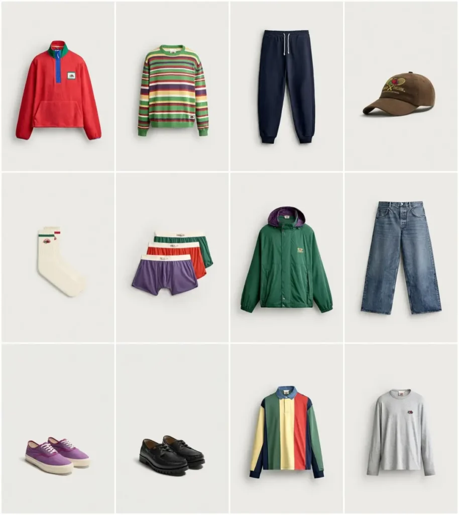 Grid of tincture casual clothing and accessories, including jackets, striped sweater, joggers, cap, socks, underwear, jeans