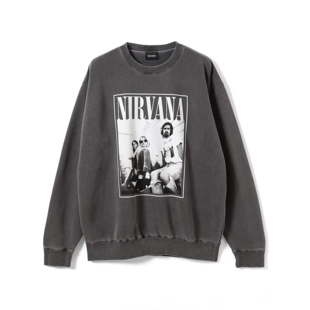 Dark gray BEAMS crewneck sweatshirt with a framed black-and-white Nirvana band photo printed on the front, isolated on white