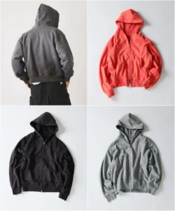 Four-panel collage showing a gray hoodie worn from behind and black, coral, and light gray zip hoodies laid flat