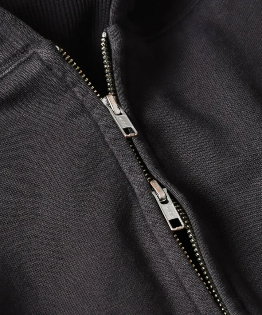 Close-up of a black hoodie’s double zipper with two silver pulls and textured fabric folds