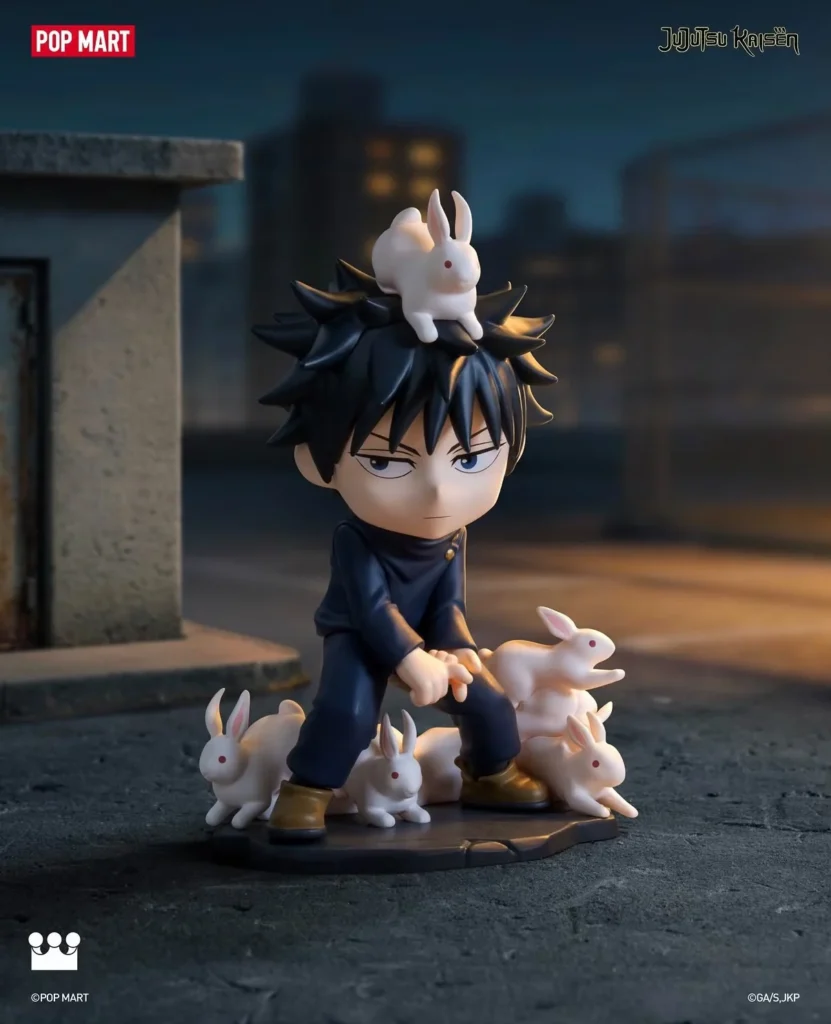 Chibi black-haired figure in a dark outfit stands among white rabbits, with one rabbit perched on its head, on a city street
