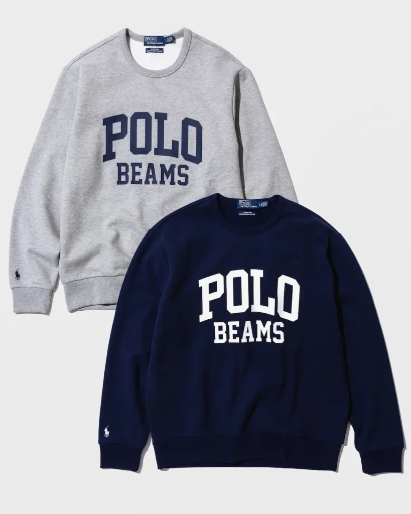 Gray and navy crewneck sweatshirts with contrasting POLO BEAMS lettering, arranged overlapping on a light background
