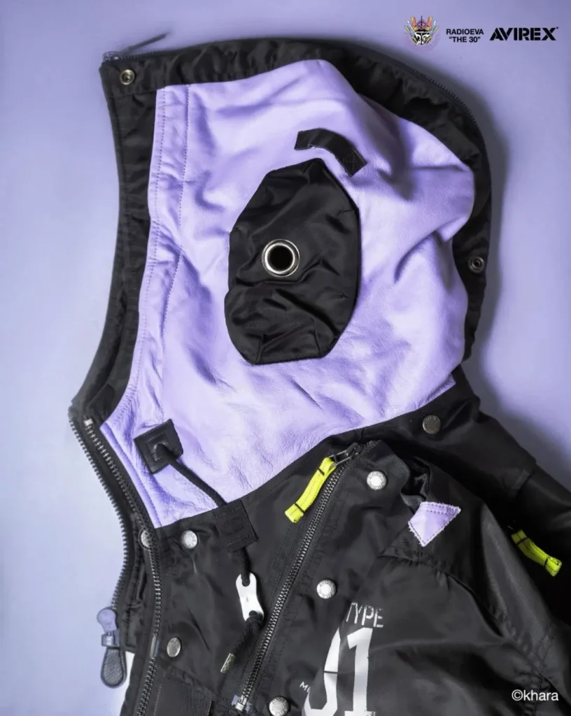 Open black jacket with lavender lining, yellow zipper accents, metal snaps, and a large printed number 01 лежing flat