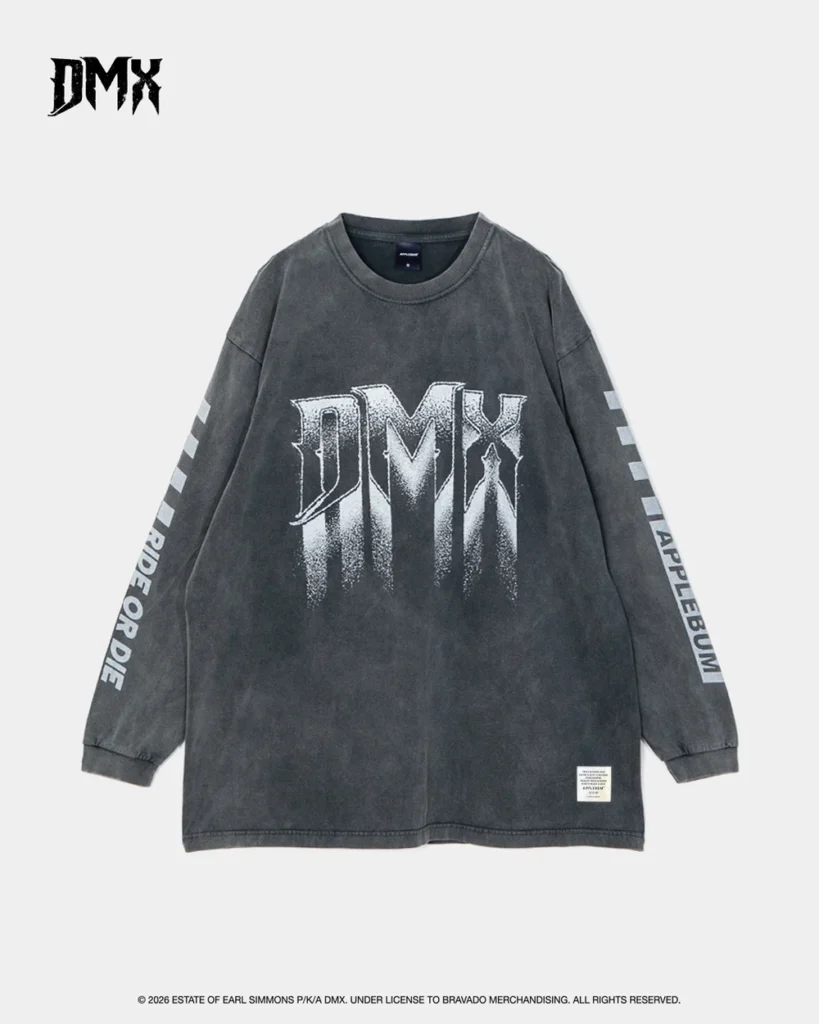 Dark gray long-sleeve shirt with large white DMX graphic, striped sleeves, and APPLEBUM text on a light background