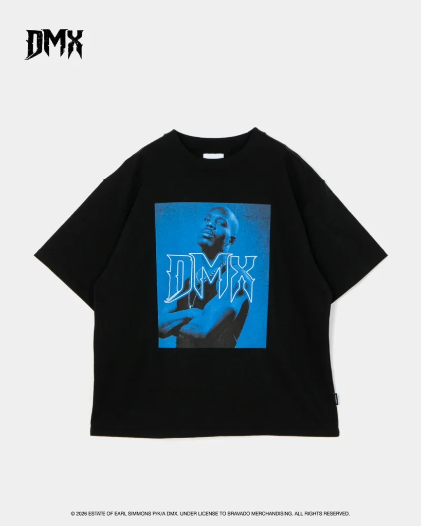 Black T-shirt with a blue DMX portrait graphic and white lettering, displayed against a light gray background