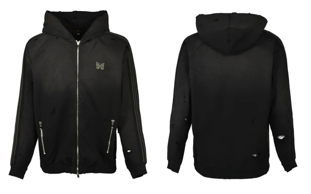Front and back views of a black distressed zip-up hoodie with hood, striped sleeves, silver zippers and butterfly chest logo