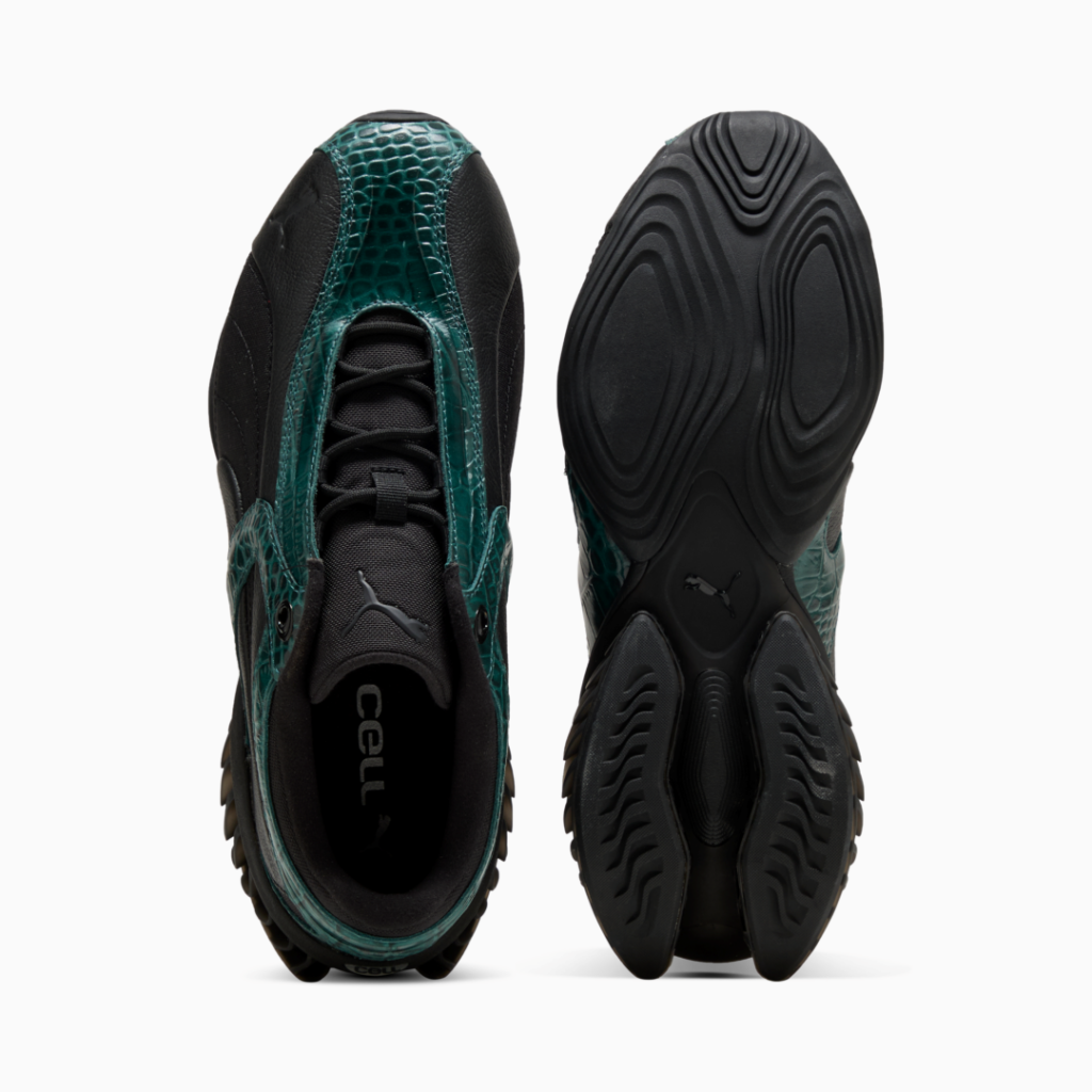 Pair of black sneakers shown from above, one displaying teal crocodile-textured panels and the other its sculpted black sole