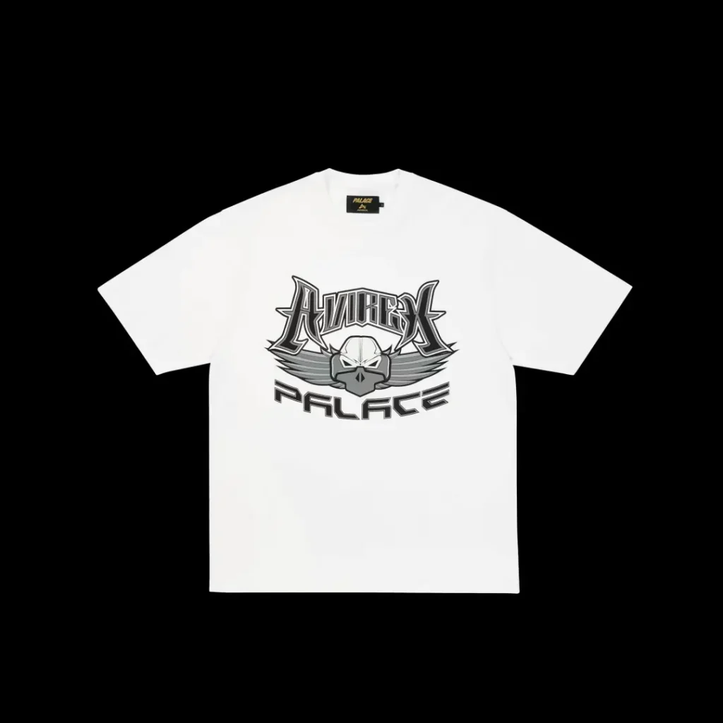White T-shirt with a gray and black skull, wings, and stylized “Palace” graphic, isolated on black background