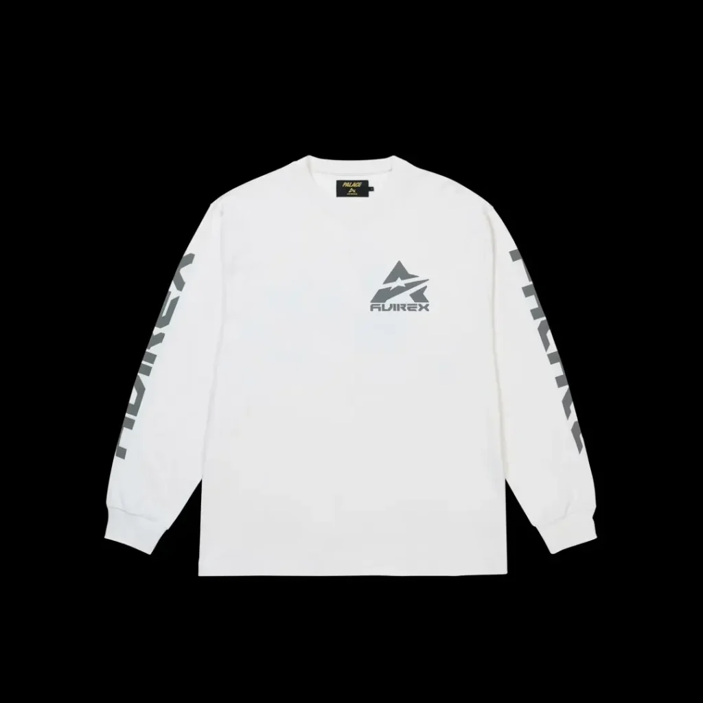 White Palace long-sleeve shirt with gray AIREX logo and sleeve graphics, displayed against a black background