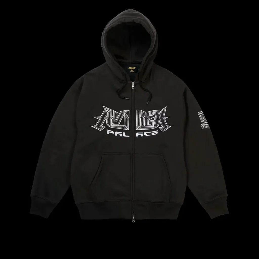 Black zip-up hoodie with drawstring hood, kangaroo pocket, and large white Palace logo on the chest against a black