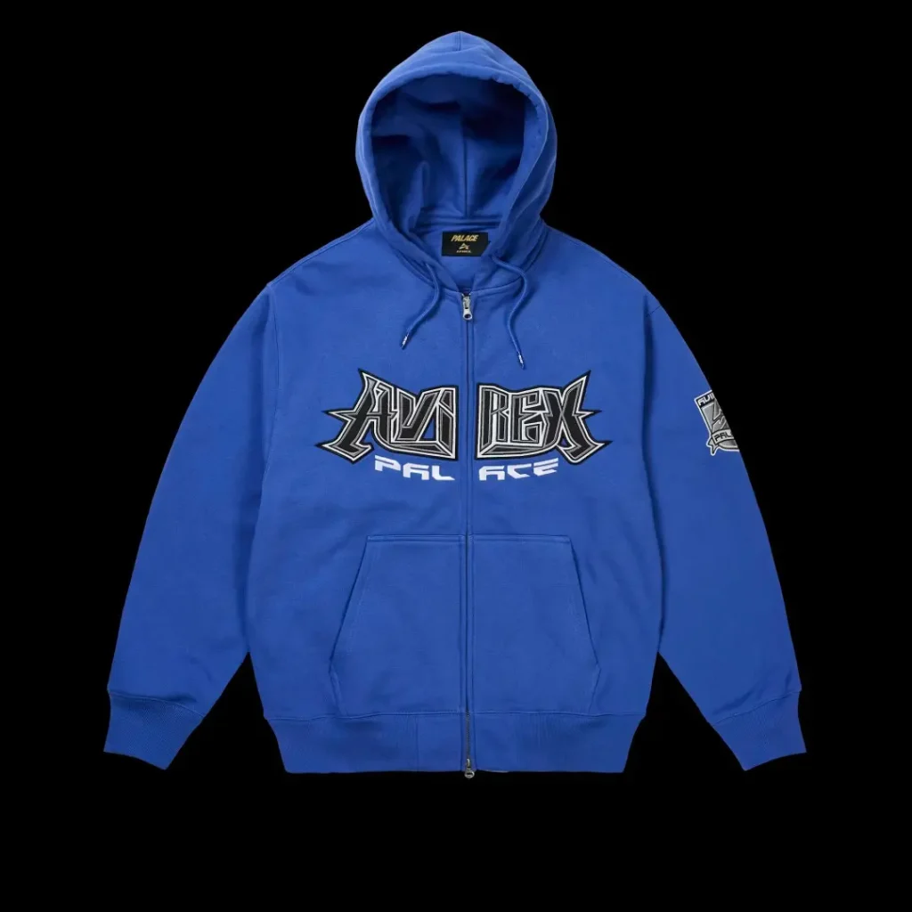 Blue Palace zip-up hoodie with hood, kangaroo pockets and large “ALEX” graphic, shown against black background