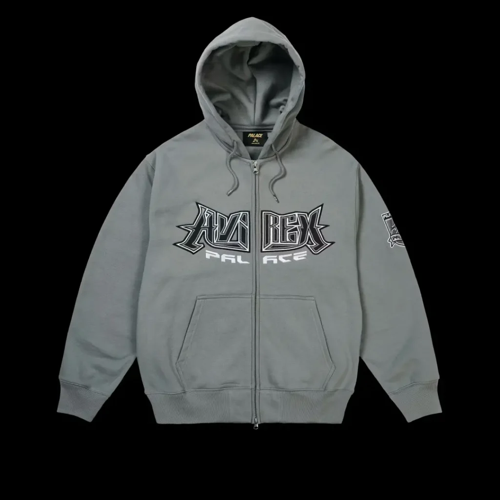 Gray Palace zip-up hoodie with hood, drawstrings, kangaroo pockets, and large black-and-white chest graphic on black