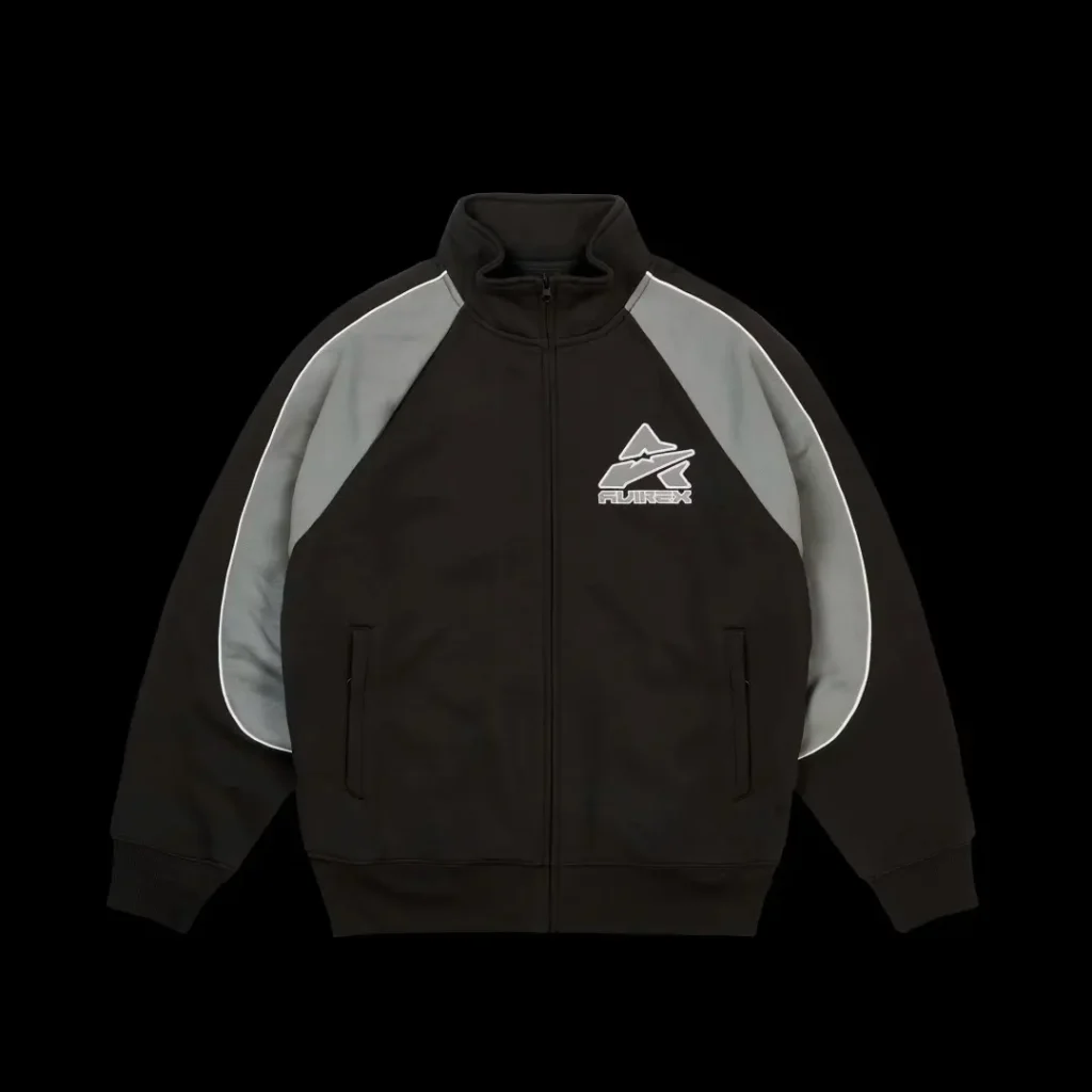 Black zip-up jacket with gray shoulder and sleeve panels, high collar, pockets, and white chest logo on black background