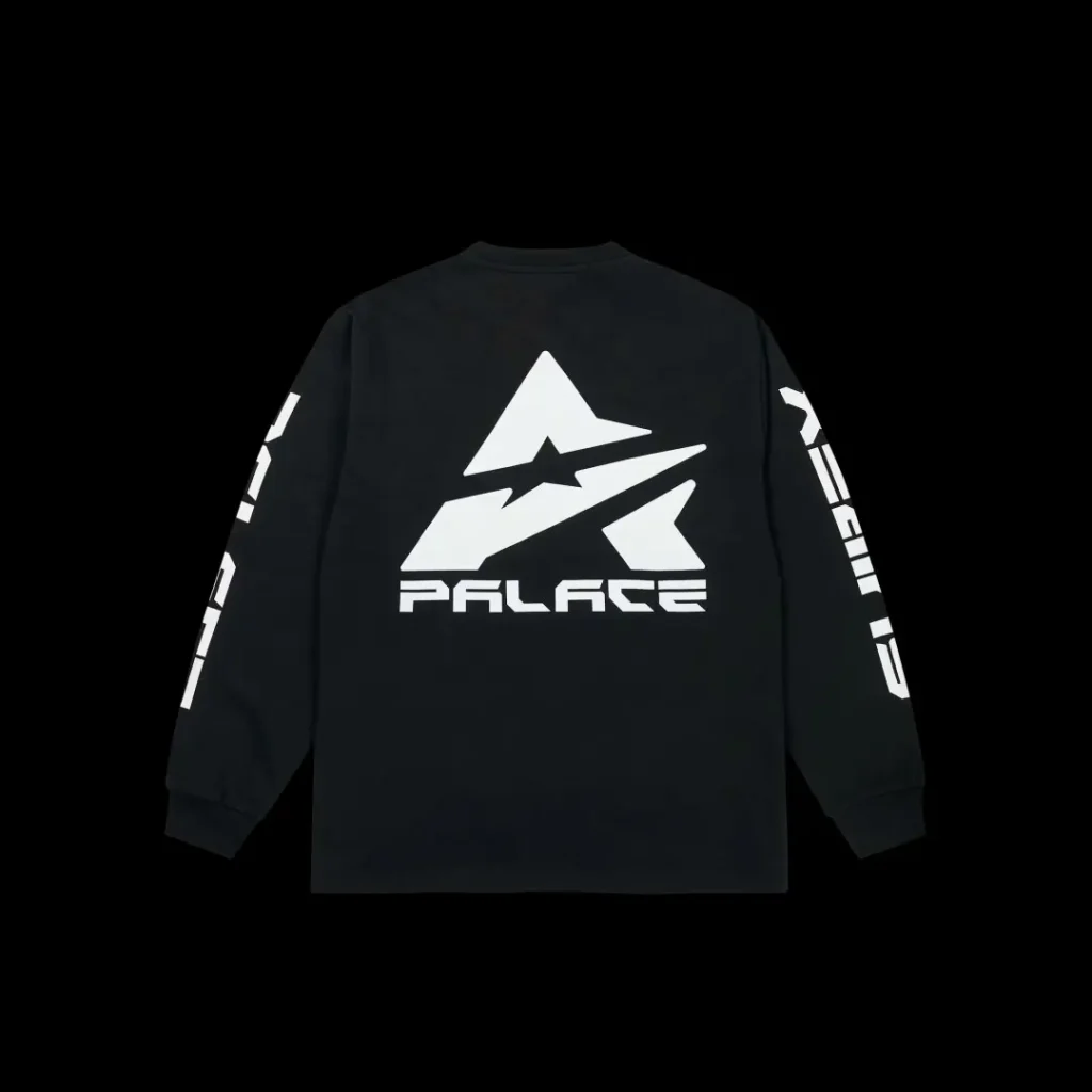 Black long-sleeve shirt with bold white graphic and lettering, displayed flat against a black background