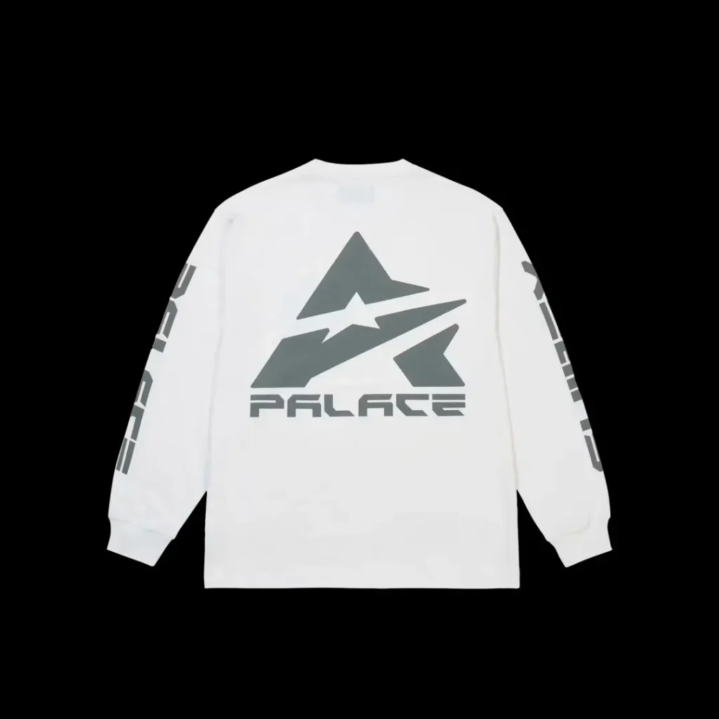 White long-sleeve shirt with gray graphic logo and lettering, displayed flat against a black background