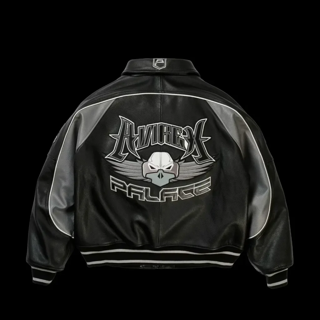Black leather jacket shown from the back, with gray panels, striped cuffs and hem, and a winged skull graphic over bold
