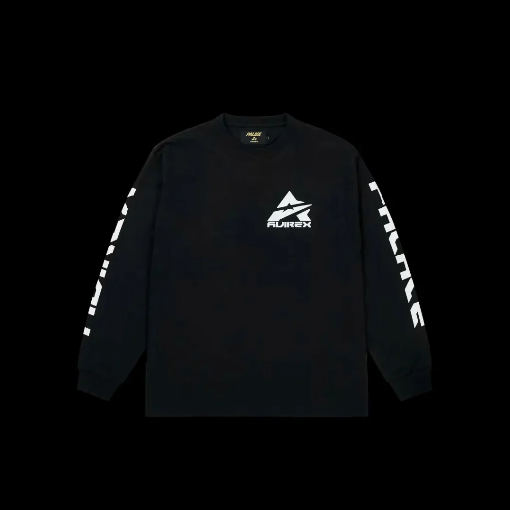 Black long-sleeve Palace T-shirt with white graphic logo on chest and geometric sleeve lettering, displayed against black