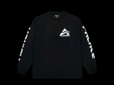 Black long-sleeve Palace T-shirt with white graphic logo on chest and geometric sleeve lettering, displayed against black