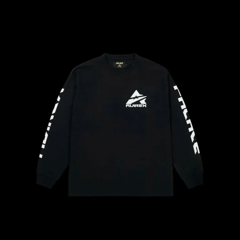 Black long-sleeve Palace T-shirt with white graphic logo on chest and geometric sleeve lettering, displayed against black