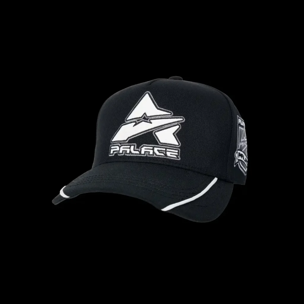 Black Alpinestars baseball cap with white logo, piping, and side graphics against a black background