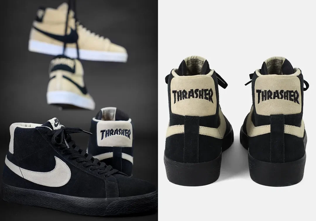 Black and cream Nike SB Blazer high-top sneakers with white swooshes and Thrasher branding, shown from side and rear views