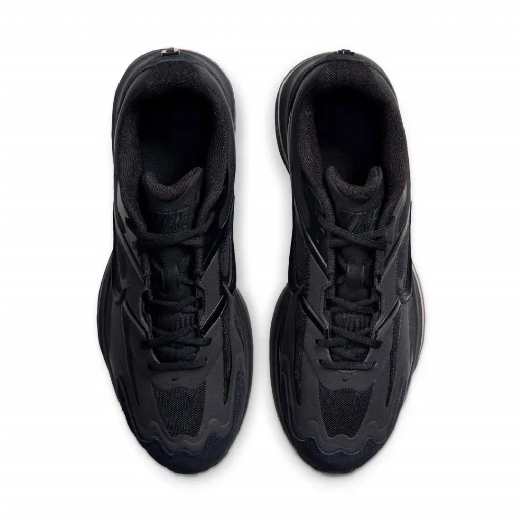 Pair of black Nike Air Max shoe shown from above on a white background, with layered panels and black laces