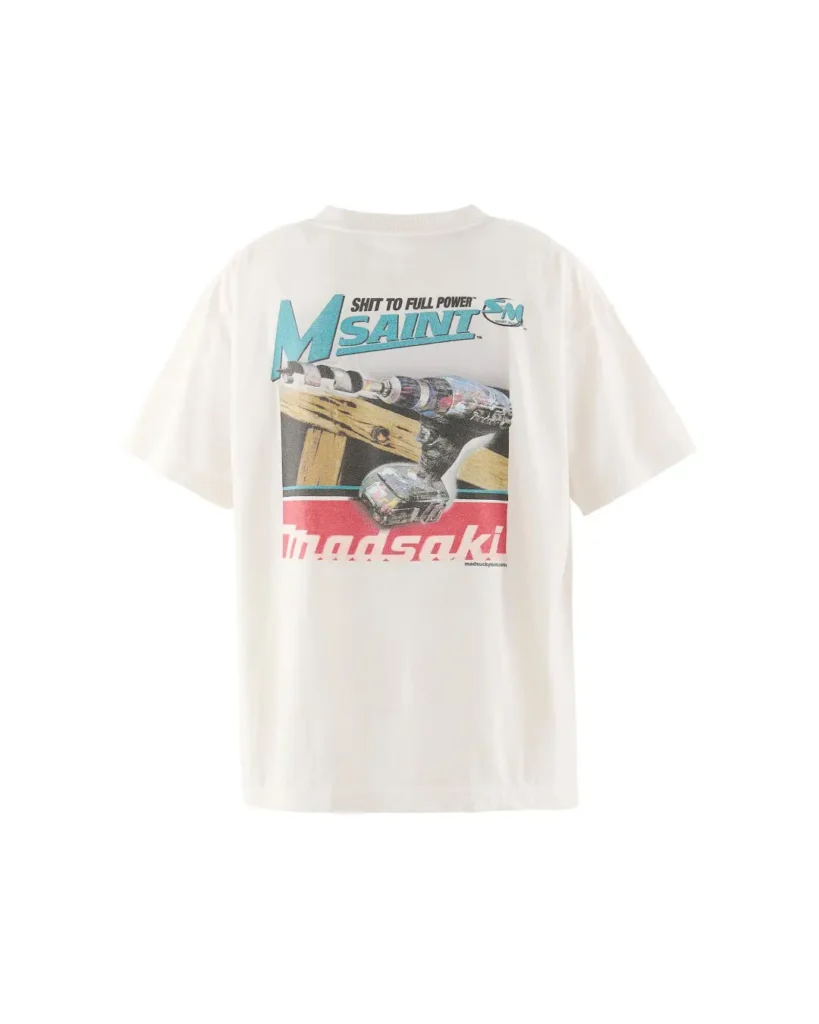 White T-shirt with turquoise and red graphic text and an image of a motocross bike, centered on a white background