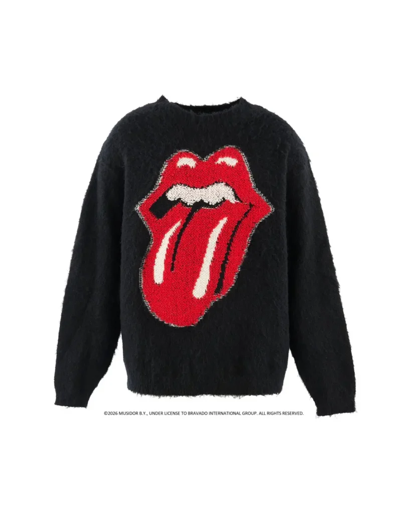 Black fuzzy sweater with a large red Rolling Stones tongue logo, isolated against a white background