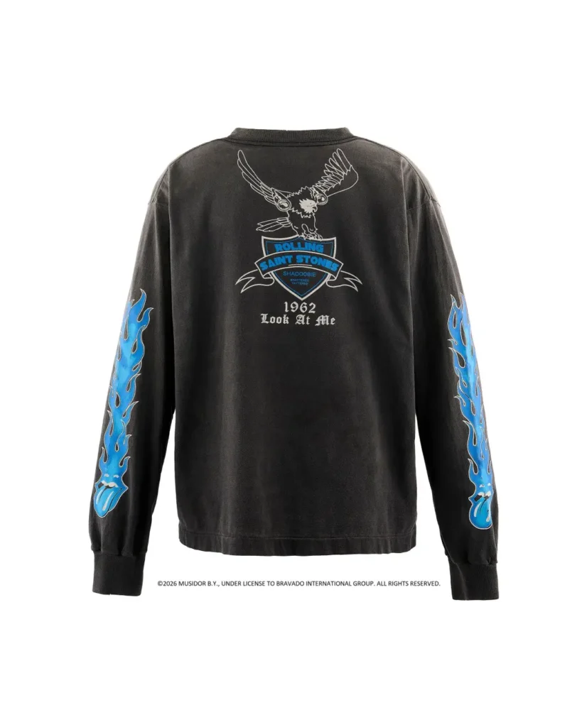 Black Rolling Stones long-sleeve shirt with blue flames on the sleeves and eagle graphic on the back, against white