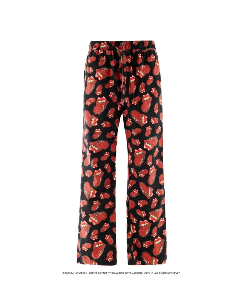 Black pajama pants with an elastic waist and drawstring, covered in red monster-face prints on a white background