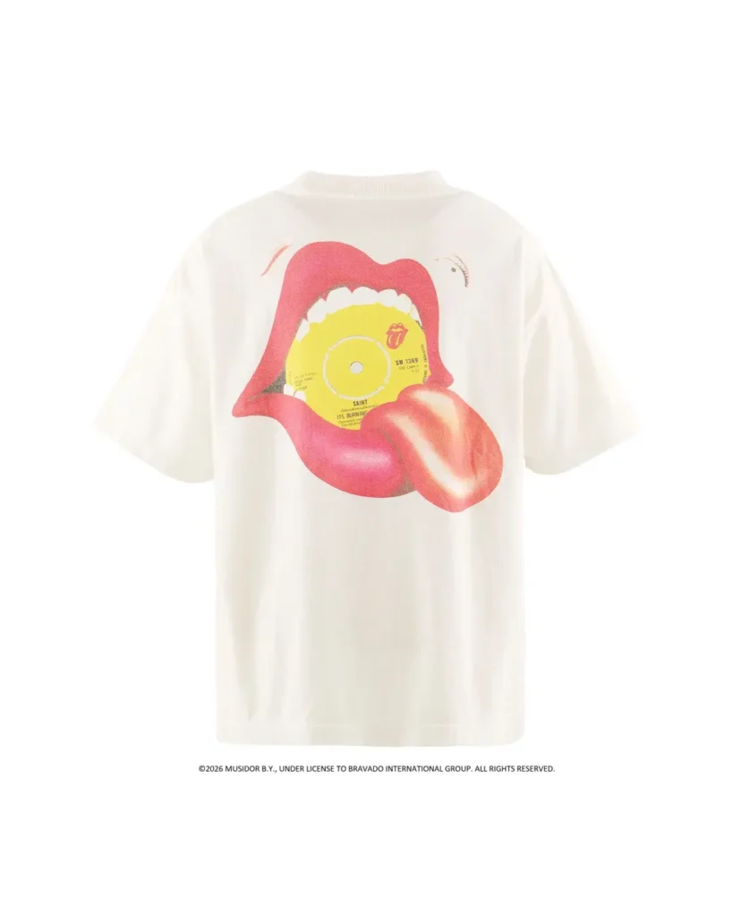 White T-shirt featuring a large red open mouth graphic with a yellow record and protruding tongue, on a white background